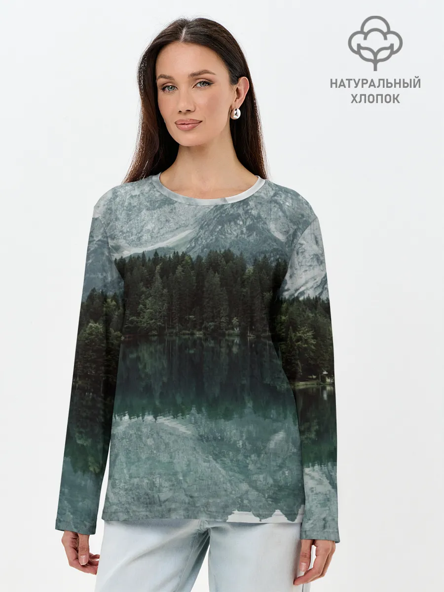 Лонгслив женский. Хлопок / отражение горы в озере