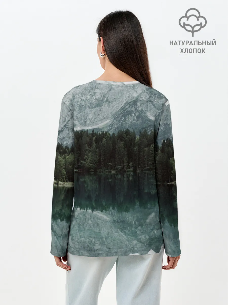Лонгслив женский. Хлопок / отражение горы в озере