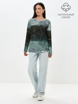 Лонгслив женский. Хлопок / отражение горы в озере