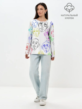 Лонгслив женский. Хлопок / Цветные лица