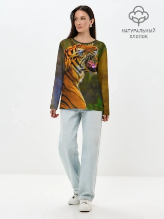 Лонгслив женский. Хлопок / Тигр 3D