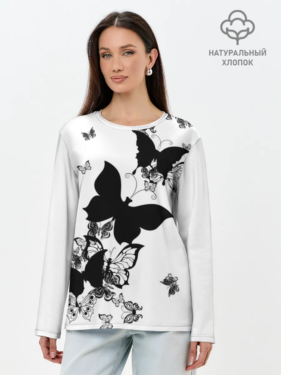 Лонгслив женский. Хлопок / Черные бабочки на белом