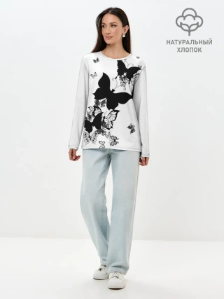 Лонгслив женский. Хлопок / Черные бабочки на белом