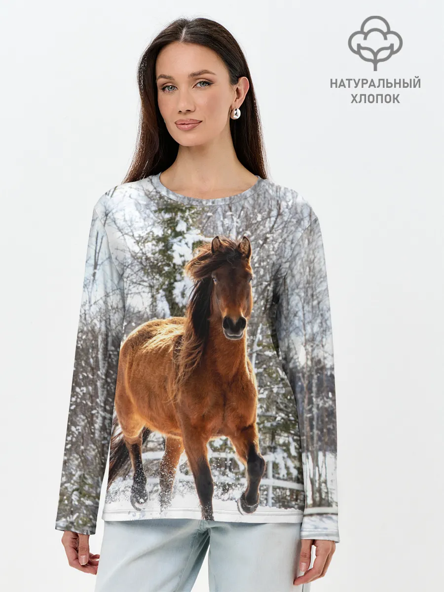 Лонгслив женский. Хлопок / Конь и снег