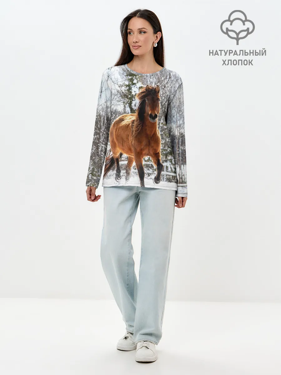 Лонгслив женский. Хлопок / Конь и снег