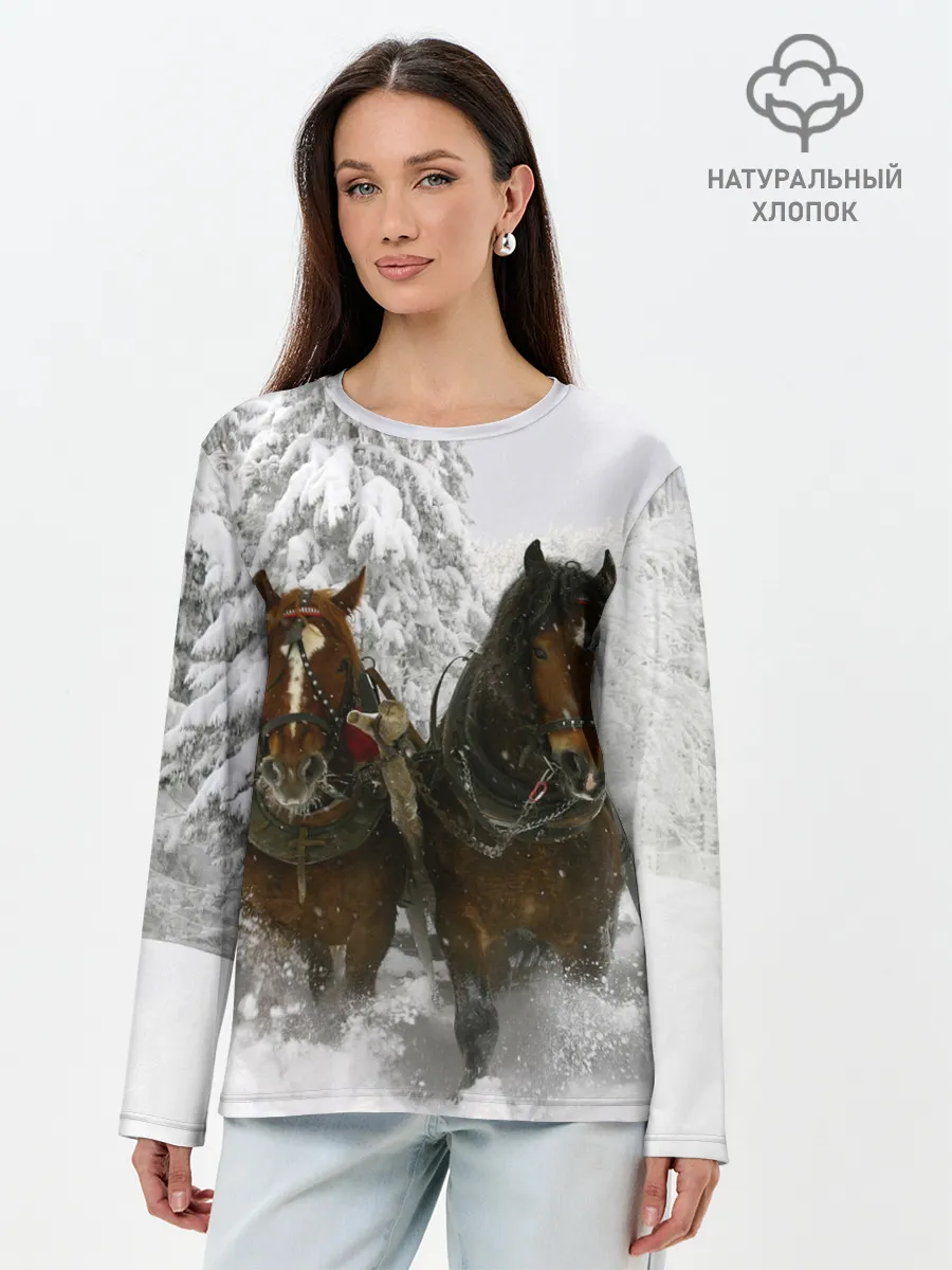 Лонгслив женский. Хлопок / Лошади и снег