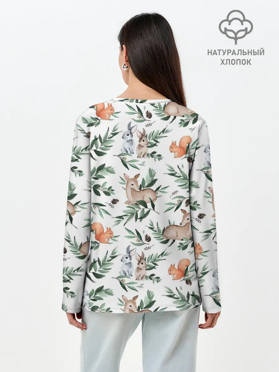 Лонгслив женский. Хлопок / Лесные животные