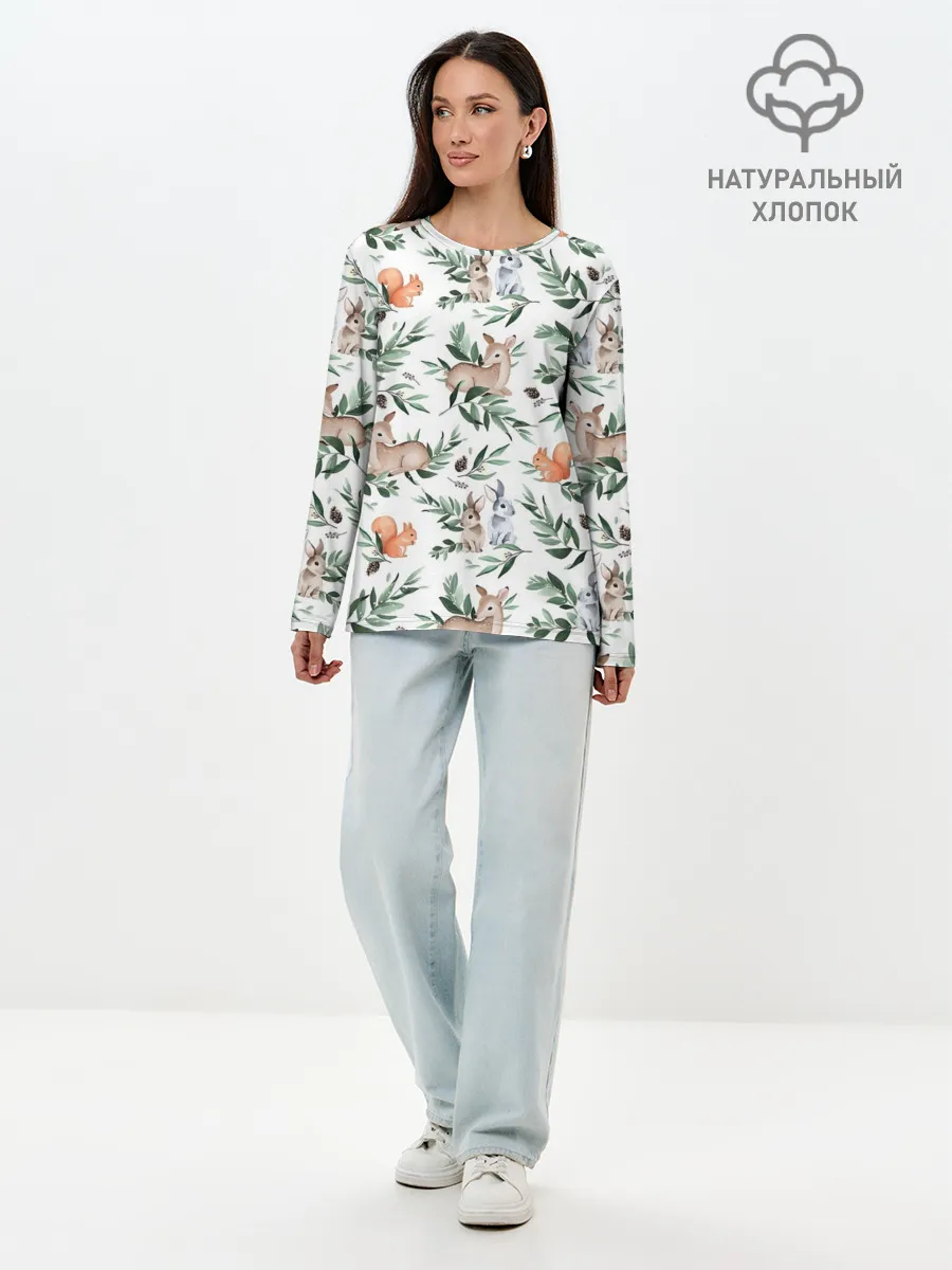 Лонгслив женский. Хлопок / Лесные животные