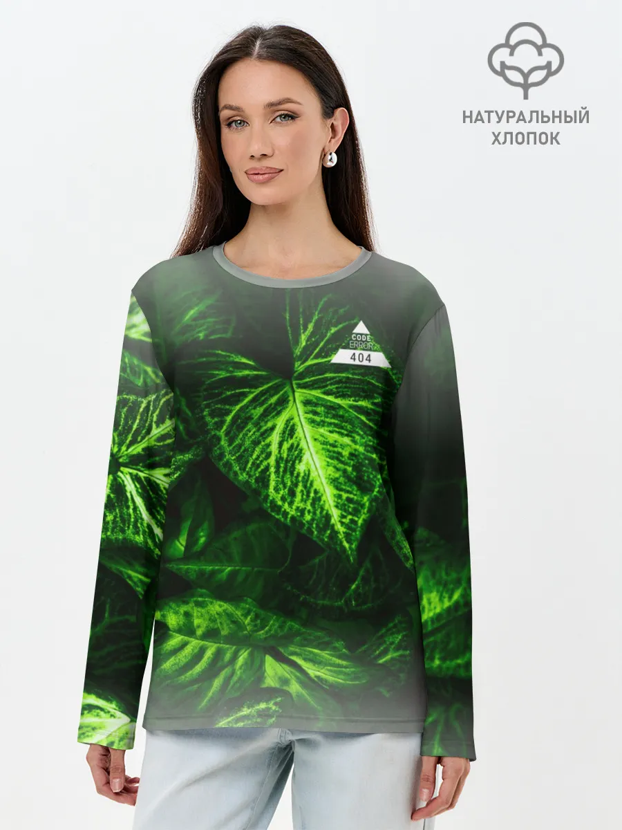 Лонгслив женский. Хлопок / Листья зеленые CODE ERROR 404