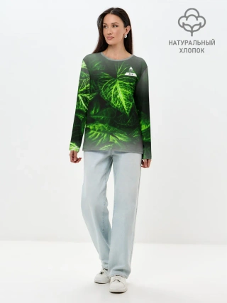 Лонгслив женский. Хлопок / Листья зеленые CODE ERROR 404