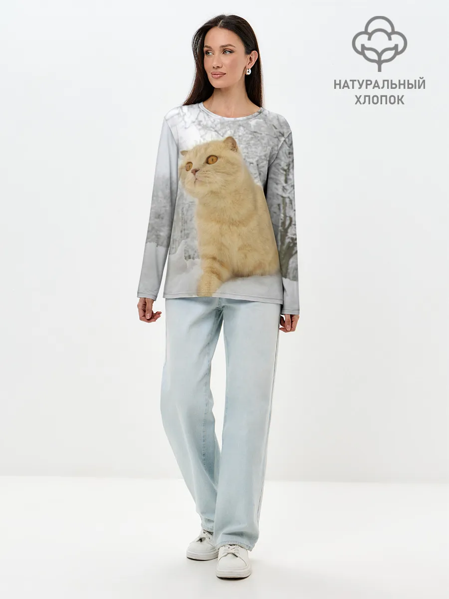 Лонгслив женский. Хлопок / Кот и снег