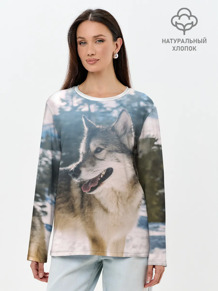 Лонгслив женский. Хлопок / Волк и снег
