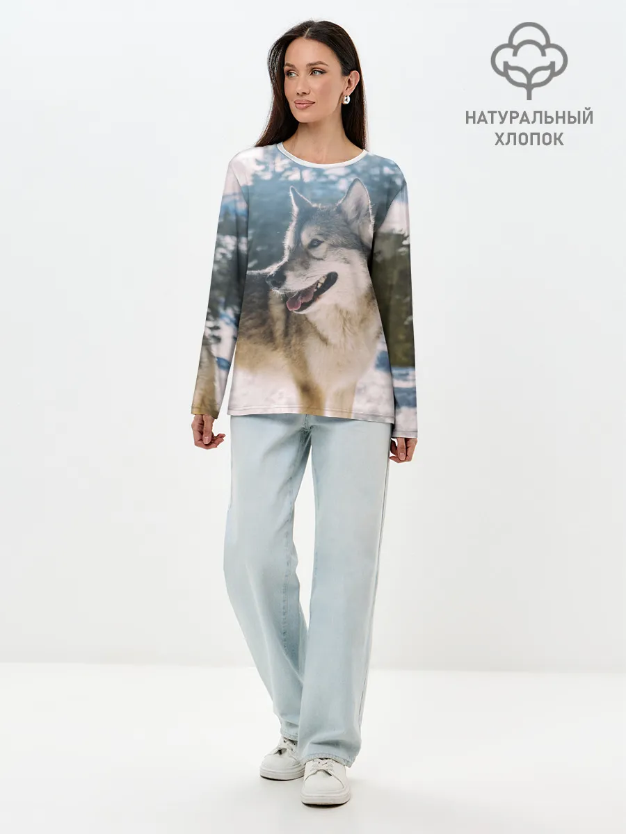 Лонгслив женский. Хлопок / Волк и снег
