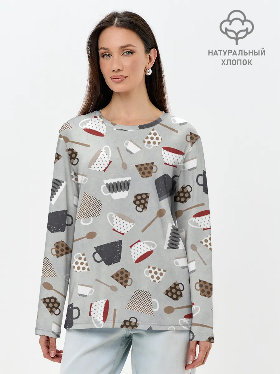 Лонгслив женский. Хлопок / Утро начинается с кружки