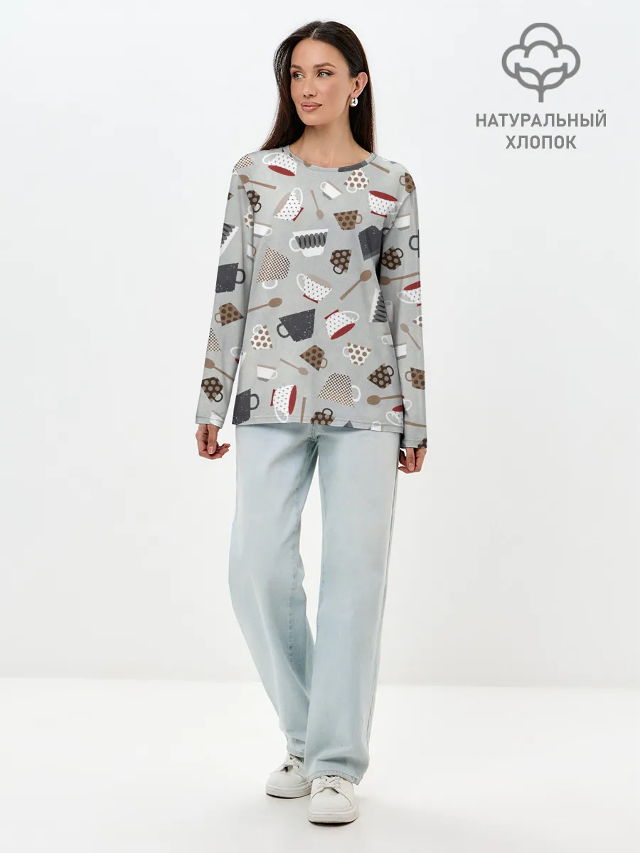 Лонгслив женский. Хлопок / Утро начинается с кружки