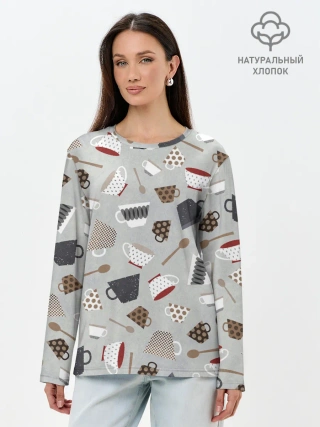 Лонгслив женский. Хлопок / Утро начинается с кружки