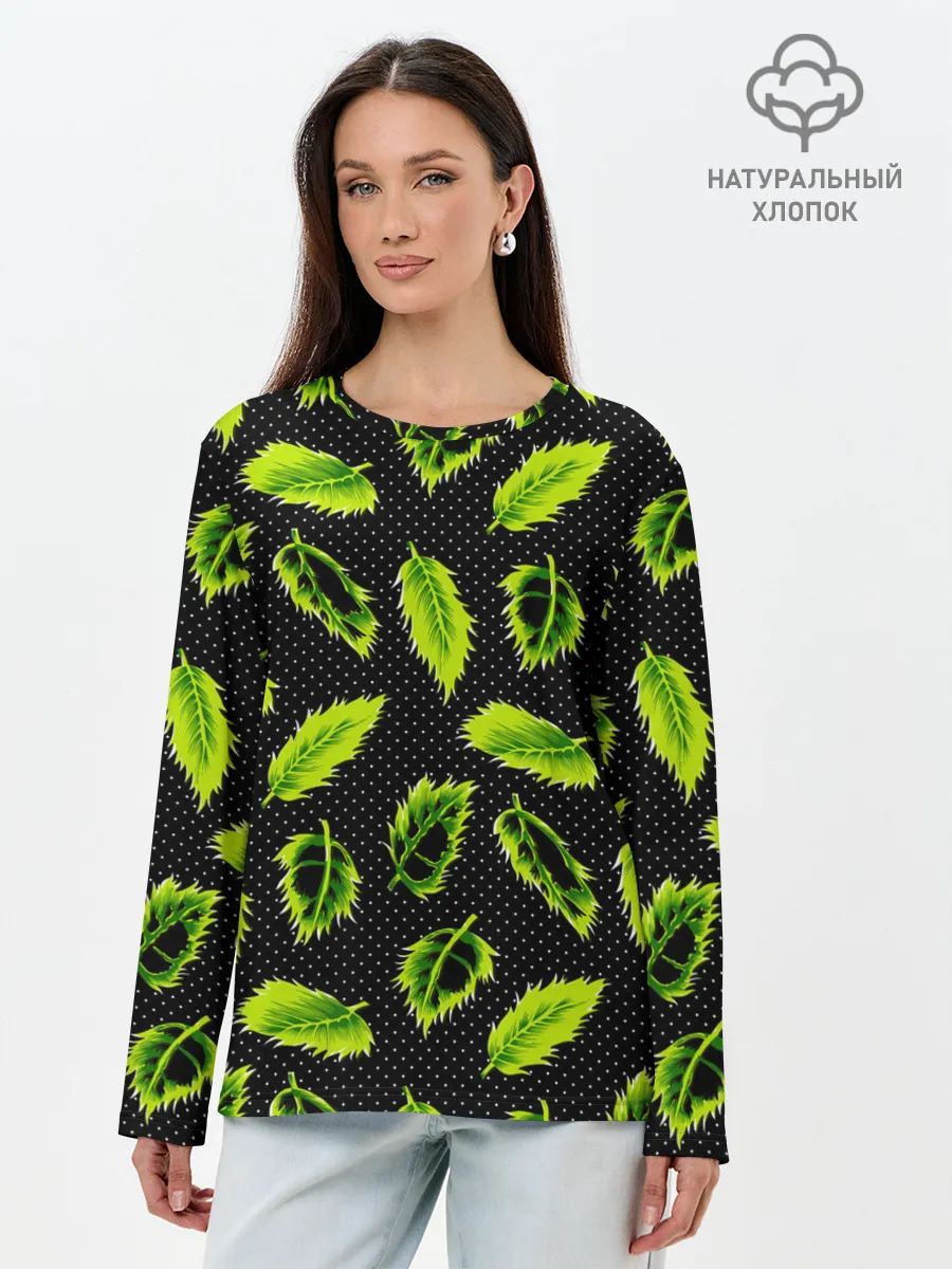 Лонгслив женский. Хлопок / Зеленые листья