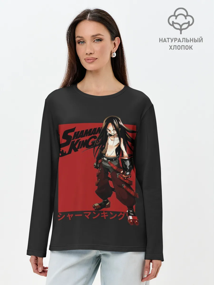 Лонгслив женский. Хлопок / Зик Асакура на черном фоне