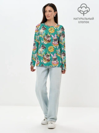 Лонгслив женский. Хлопок / Мопсы в пончиках