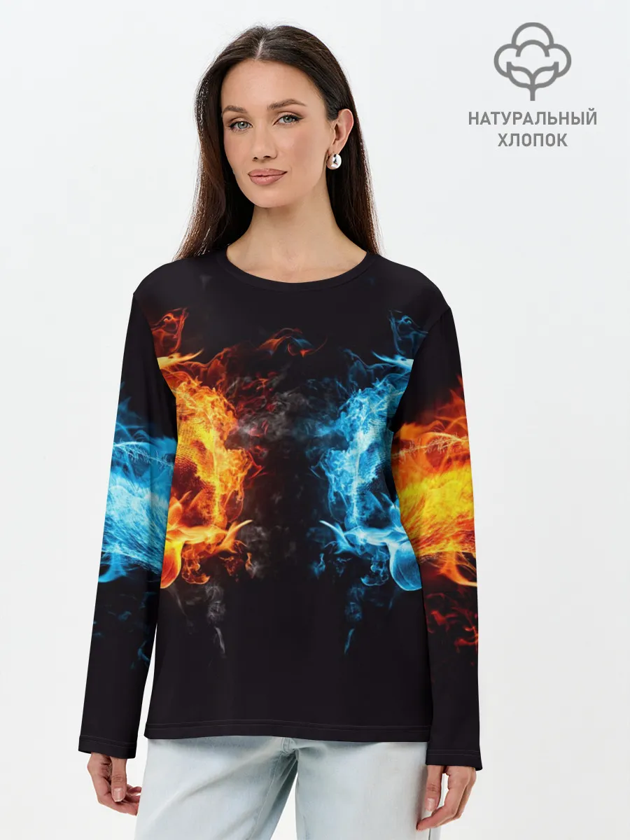 Лонгслив женский. Хлопок / Абстракция,Инь-Ян,Огонь,Вода