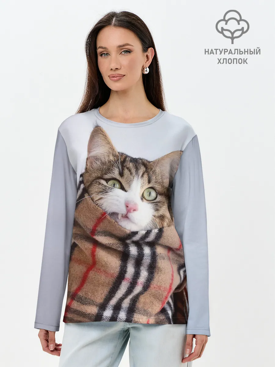 Лонгслив женский. Хлопок / Кот в шарфе
