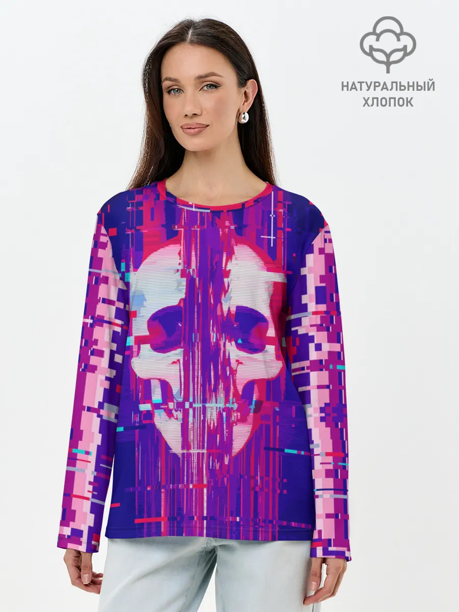 Лонгслив женский. Хлопок / Skull glitch