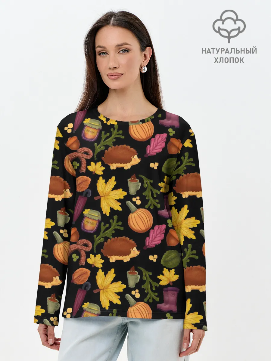 Лонгслив женский. Хлопок / Уют, ежи, листья и банка варенья