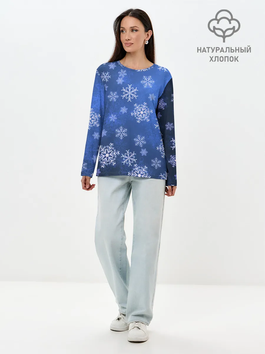 Лонгслив женский. Хлопок / Снежинки.