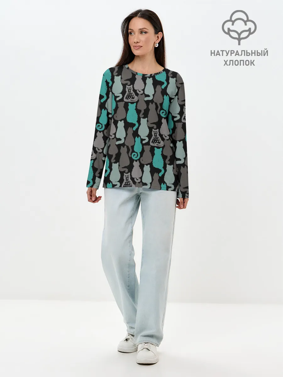 Лонгслив женский. Хлопок / Коты паттерн