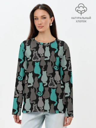 Лонгслив женский. Хлопок / Коты паттерн