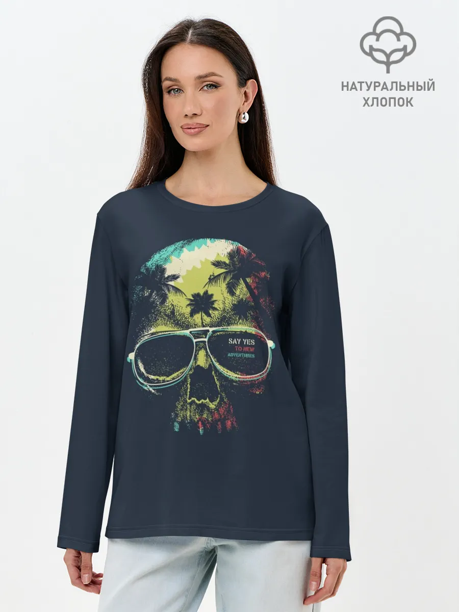 Лонгслив женский. Хлопок / Череп в тропиках