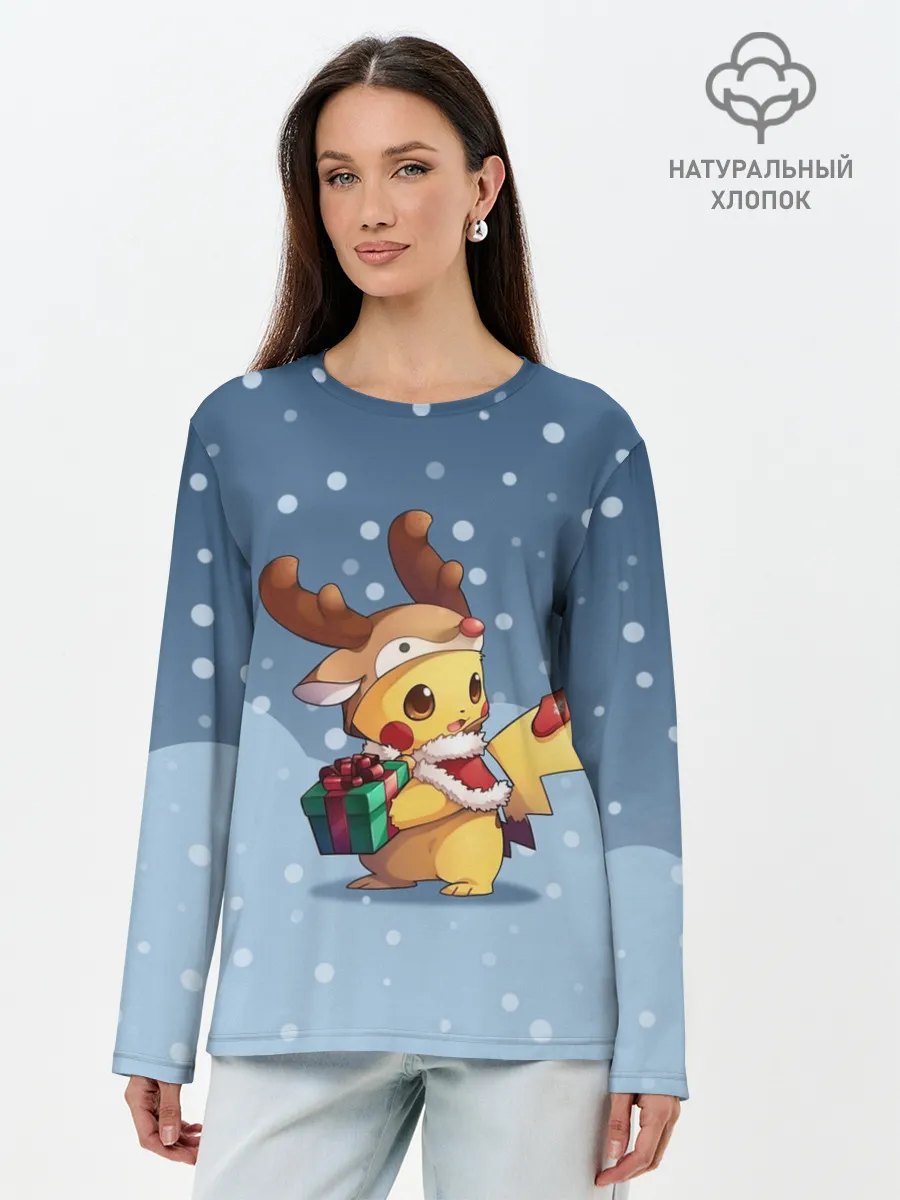 Лонгслив женский. Хлопок / Новогодний Пикачу
