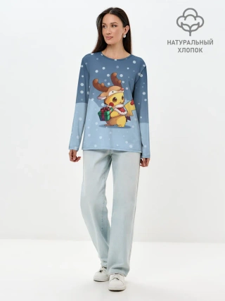 Лонгслив женский. Хлопок / Новогодний Пикачу