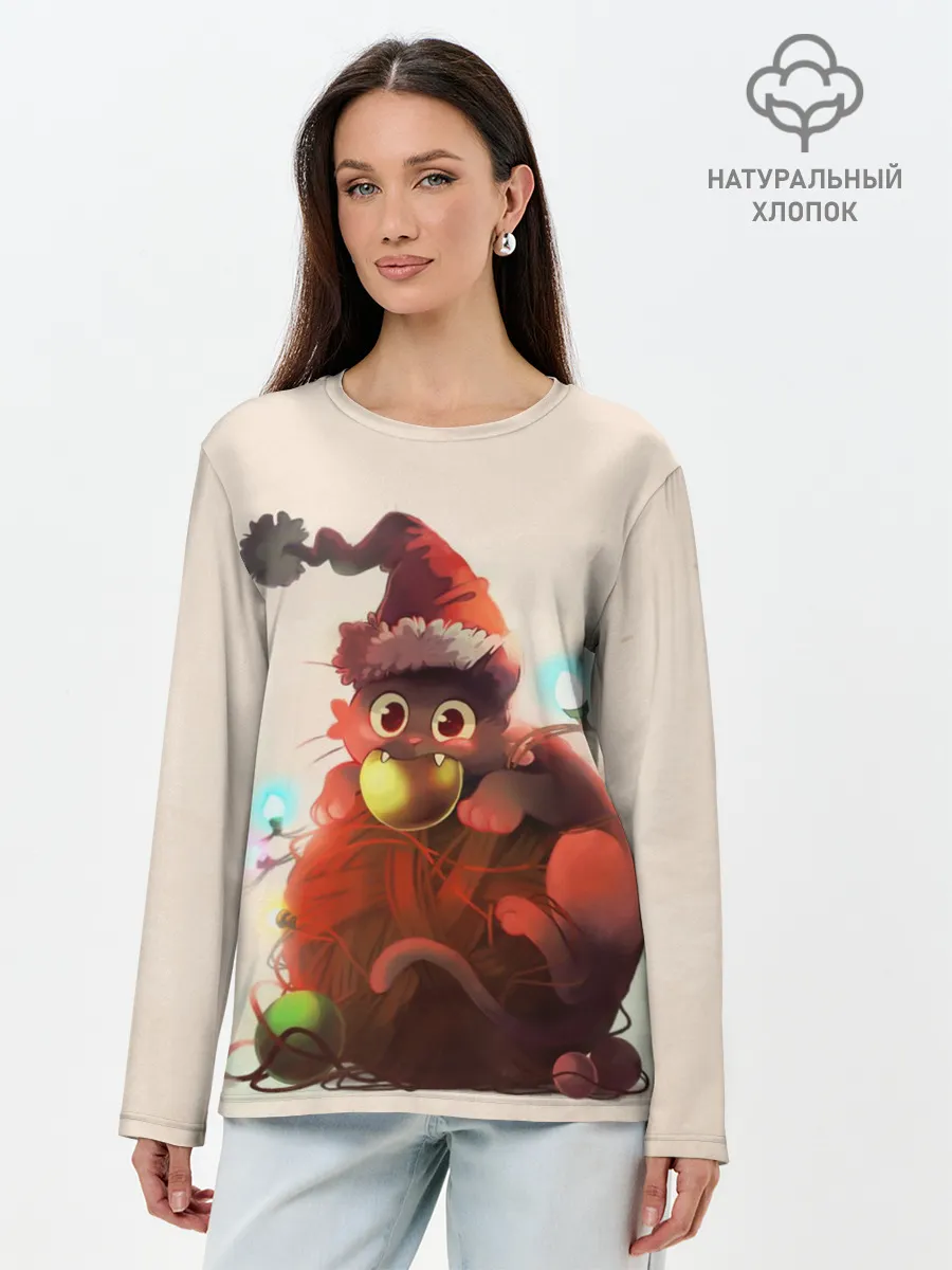 Лонгслив женский. Хлопок / Новогодний кот