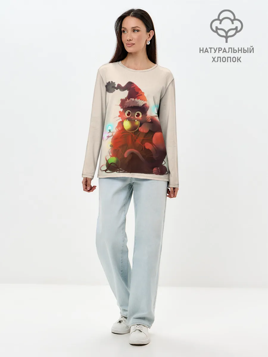 Лонгслив женский. Хлопок / Новогодний кот