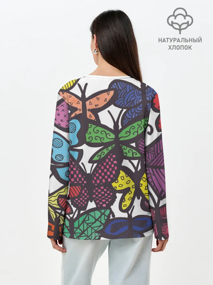 Лонгслив женский. Хлопок / Дудл бабочки