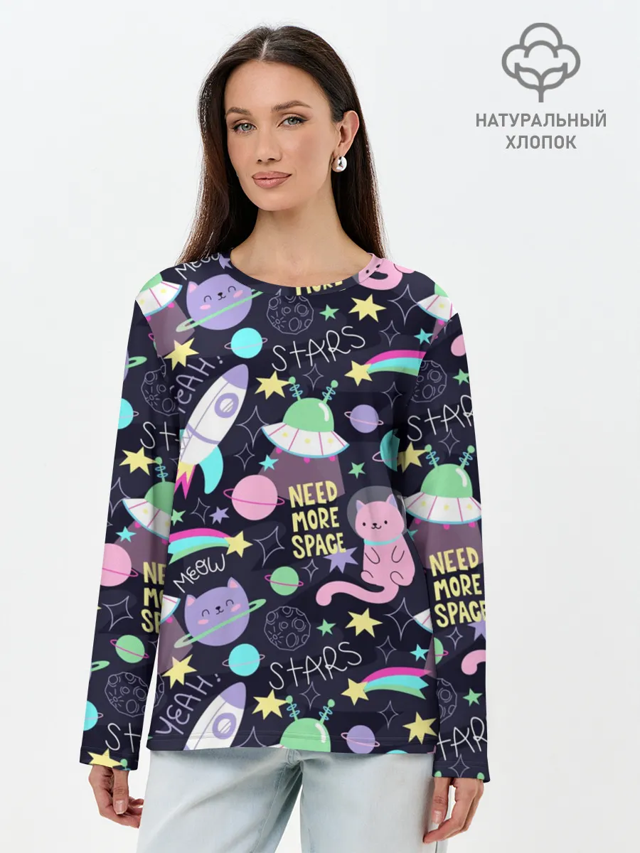Лонгслив женский. Хлопок / Коты-космонавты