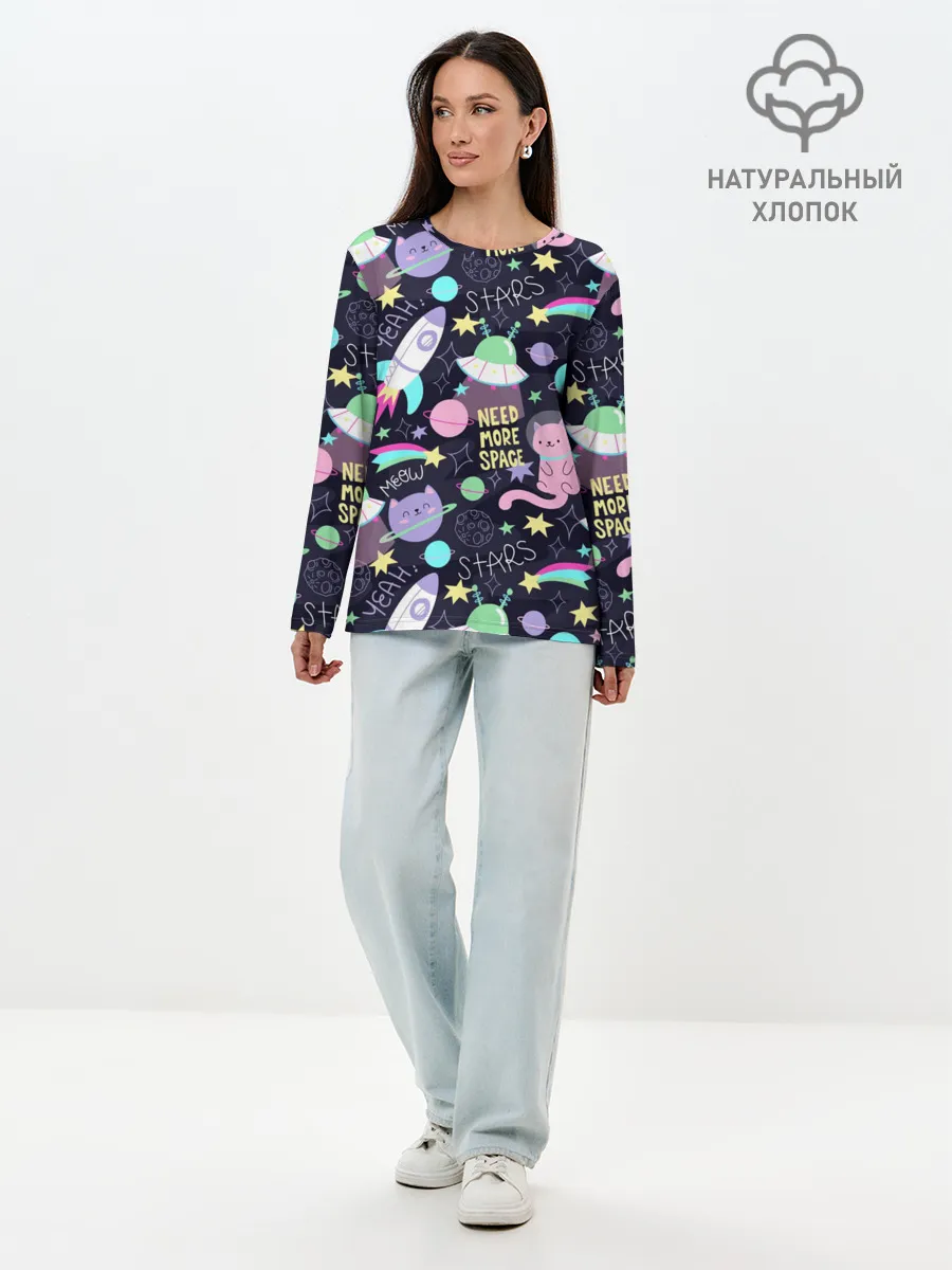 Лонгслив женский. Хлопок / Коты-космонавты