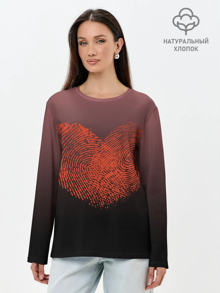 Лонгслив женский. Хлопок / Сердце из отпечатков пальцев