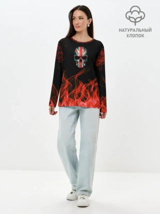 Лонгслив женский. Хлопок / Череп и огонь