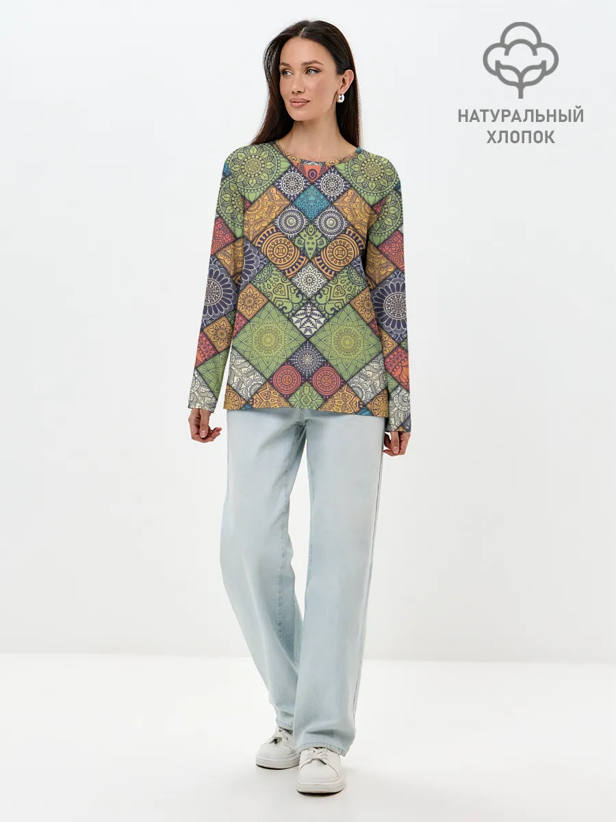 Лонгслив женский. Хлопок / Мандалы лоскутный печворк