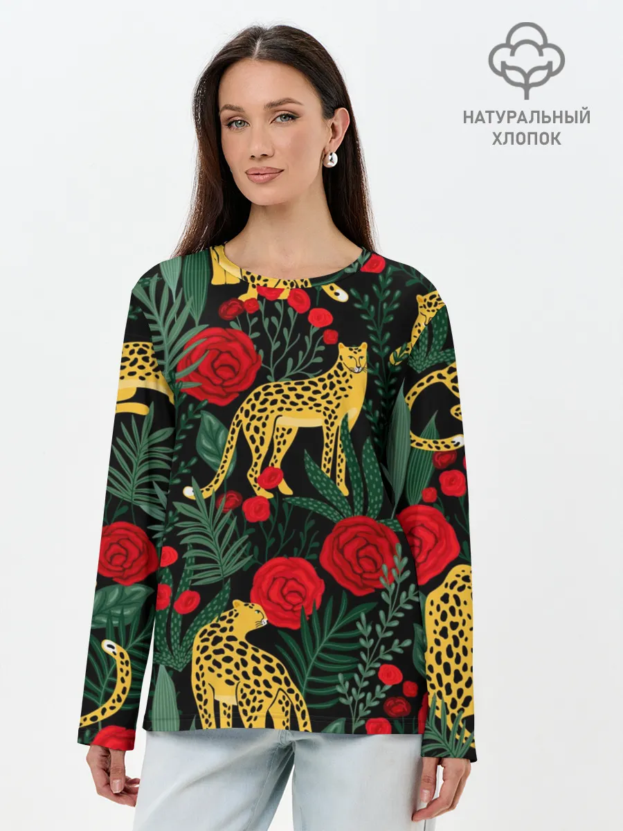 Лонгслив женский. Хлопок / Леопарды и цветы