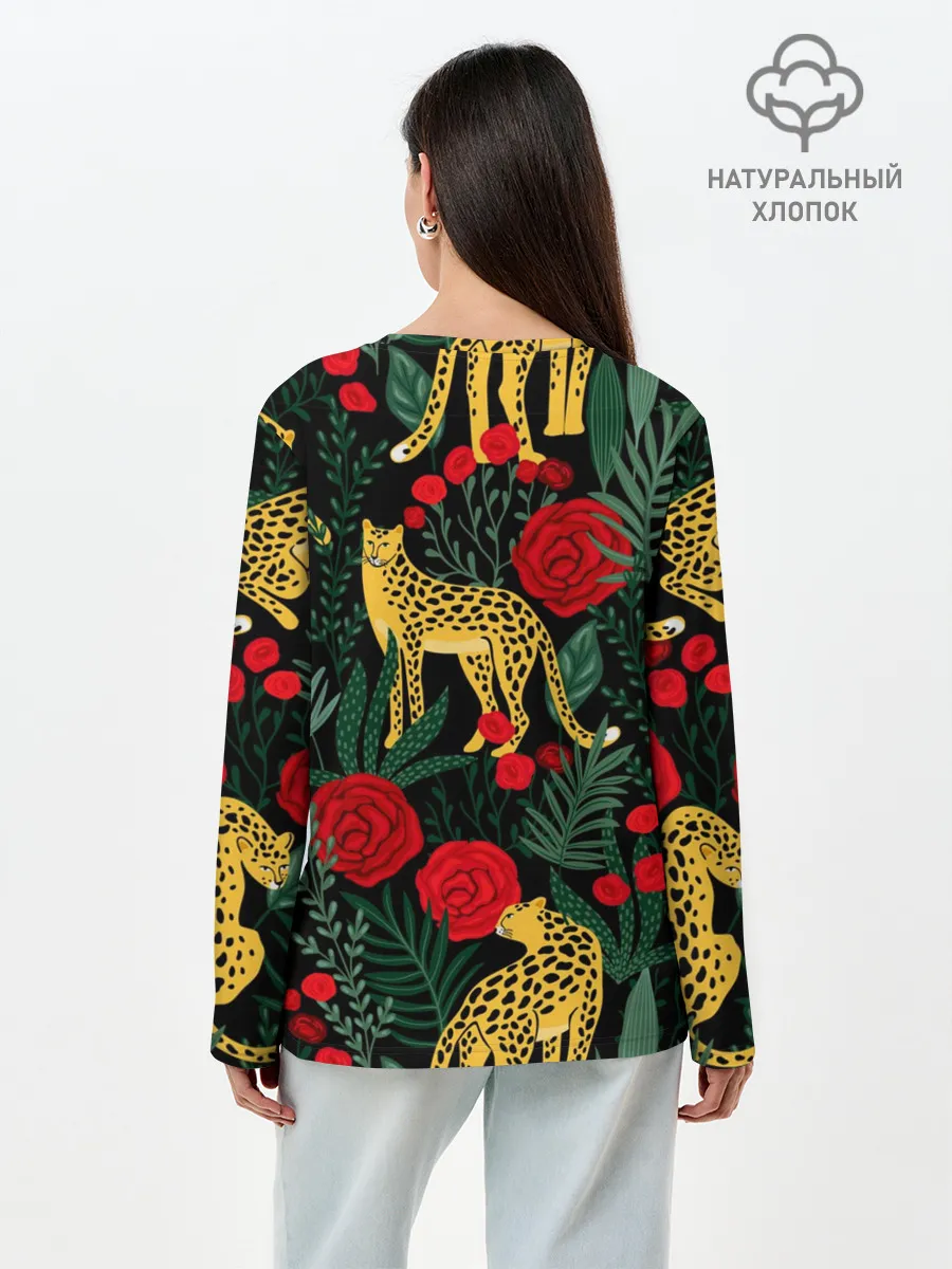 Лонгслив женский. Хлопок / Леопарды и цветы
