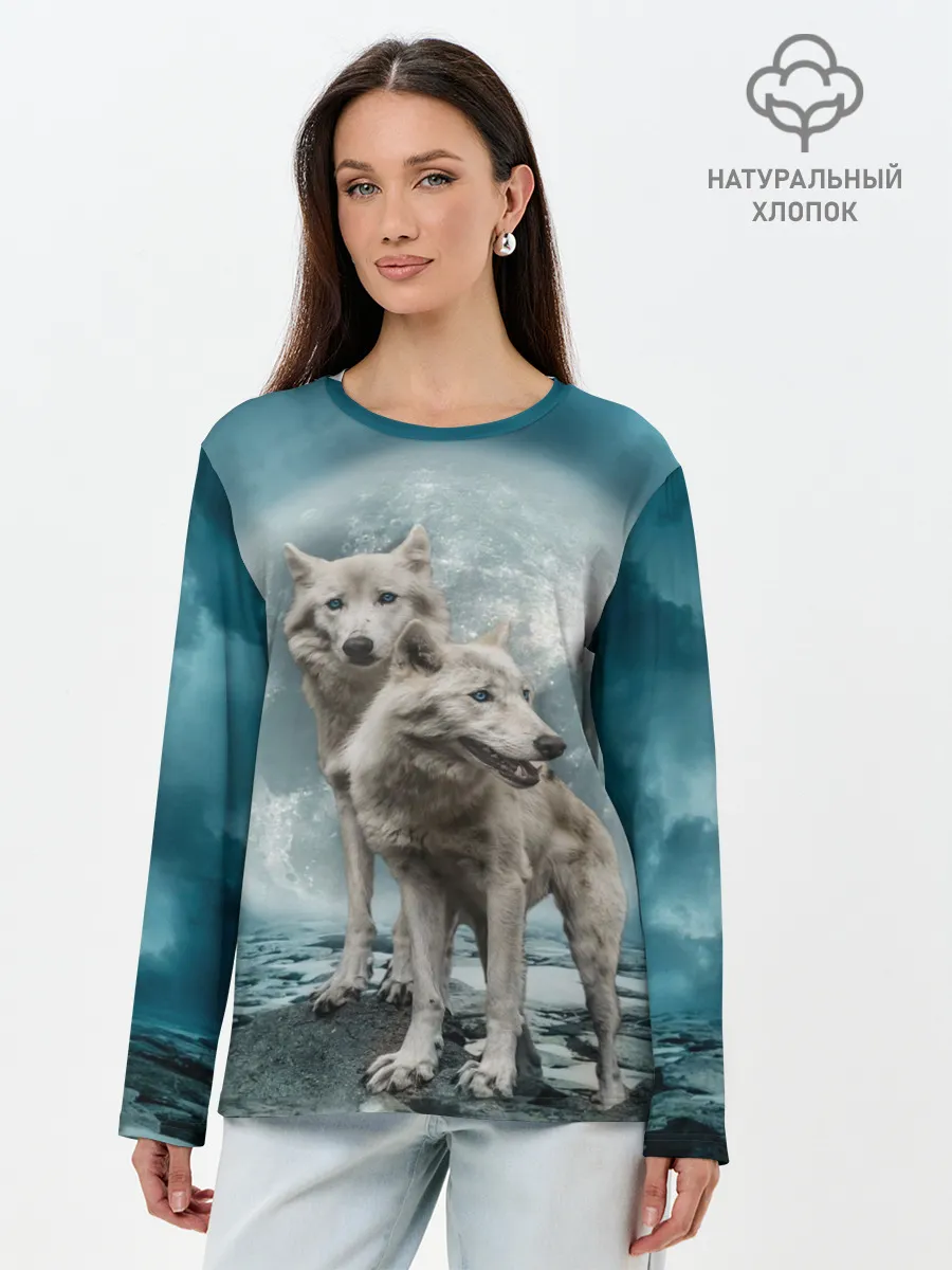 Лонгслив женский. Хлопок / Волки альбиносы