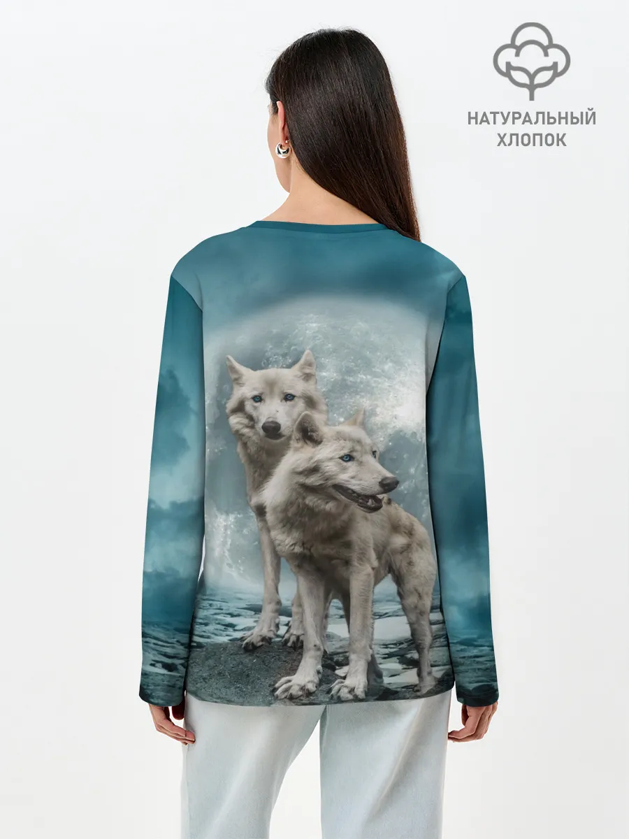 Лонгслив женский. Хлопок / Волки альбиносы