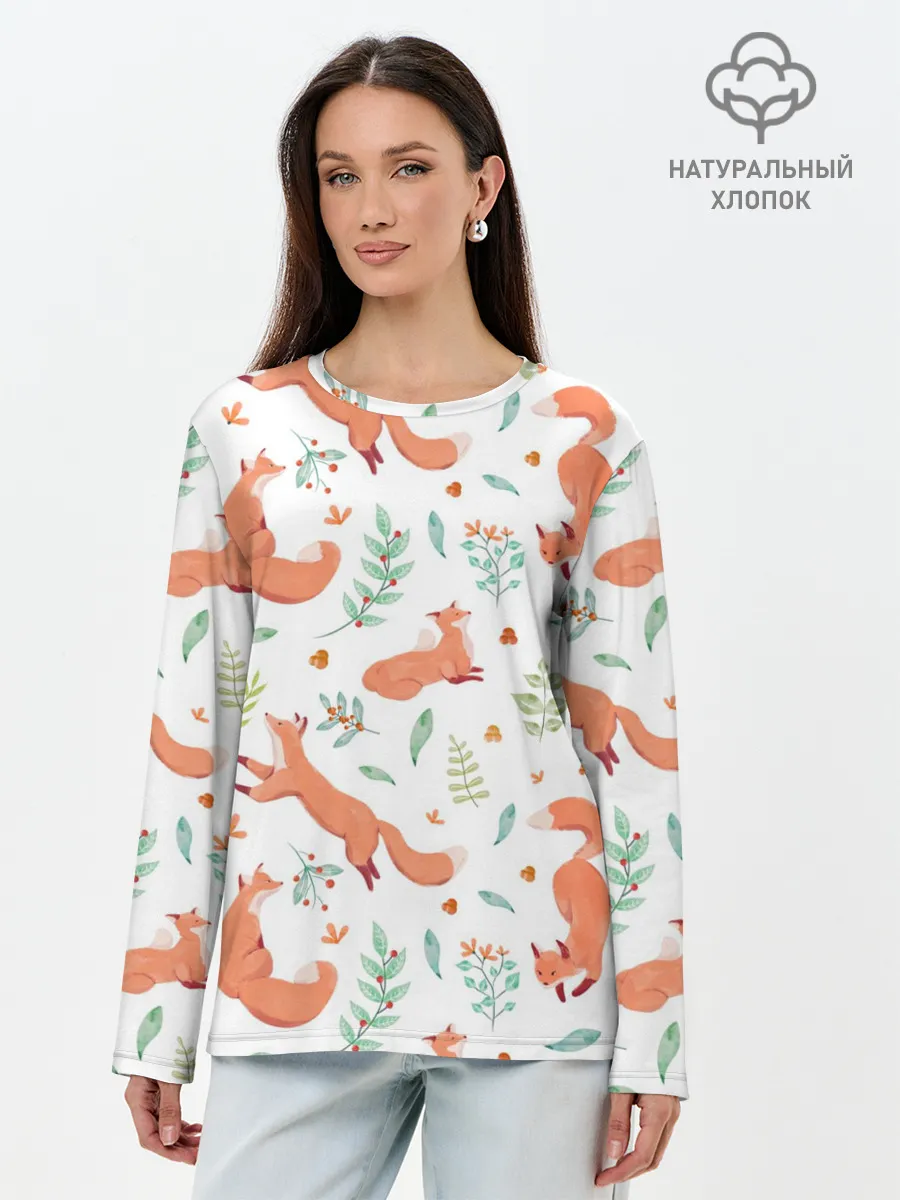 Лонгслив женский. Хлопок / Акварельные лисички