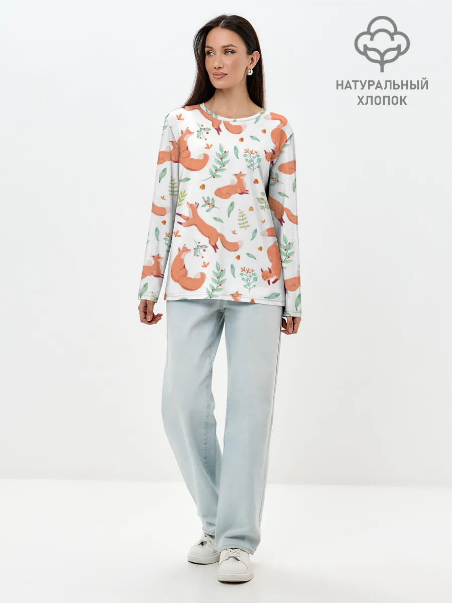 Лонгслив женский. Хлопок / Акварельные лисички