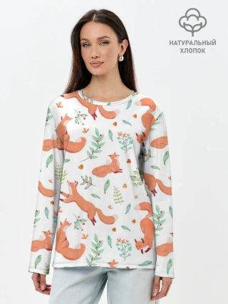 Лонгслив женский. Хлопок / Акварельные лисички