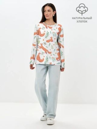 Лонгслив женский. Хлопок / Акварельные лисички