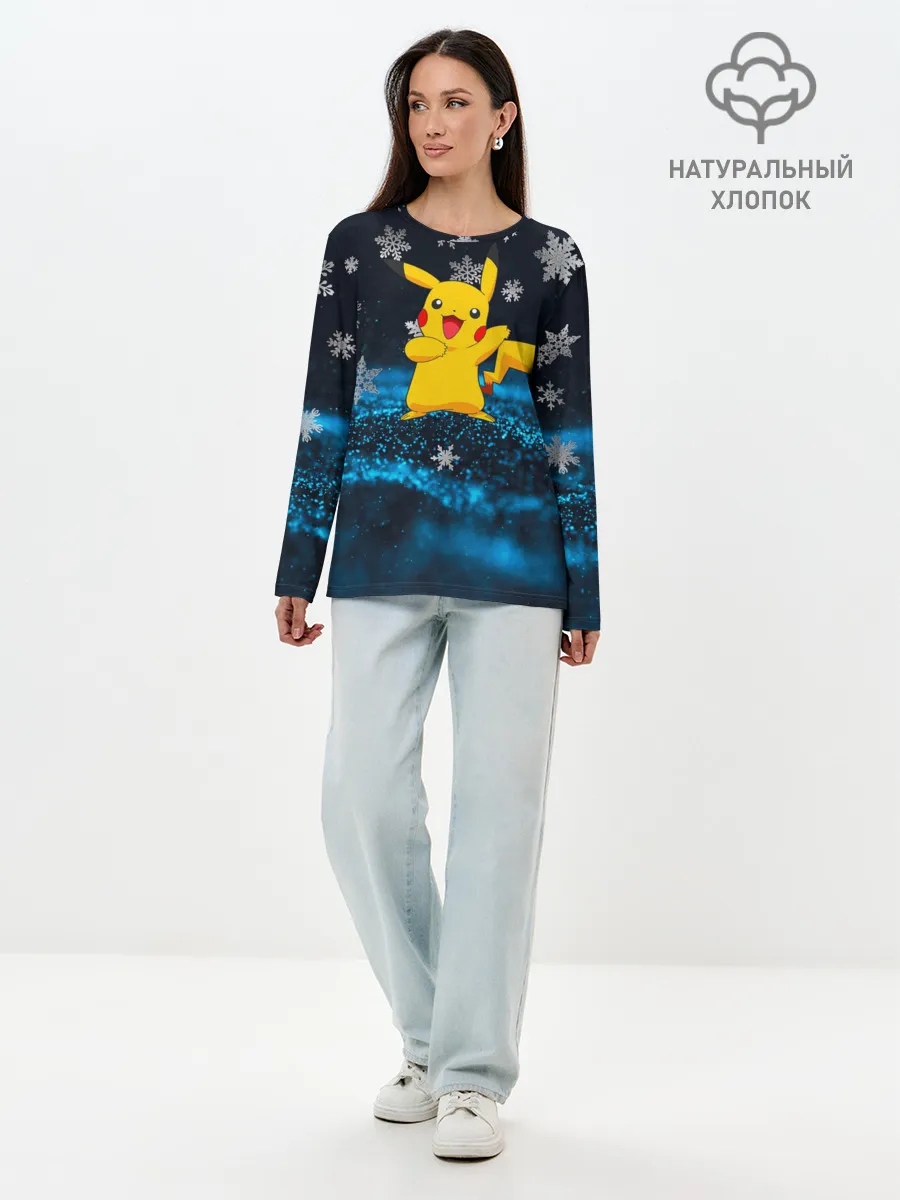 Лонгслив женский. Хлопок / Пикачу Новогодний